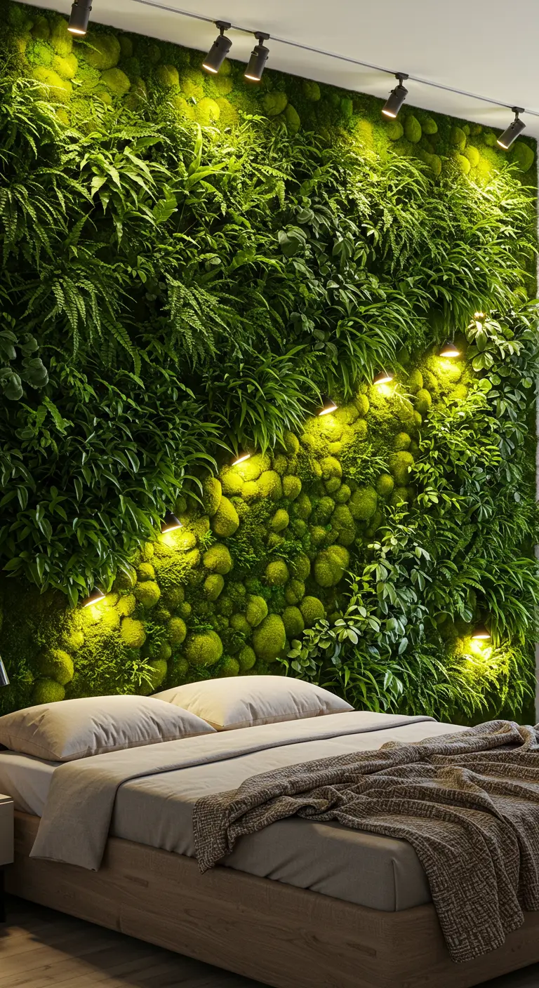 Slaapkamer met een volledige verticale plantenwand achter het bed, verlicht door spots.