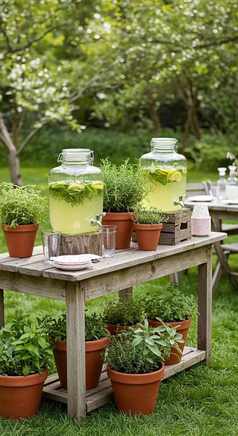 Houten tafel in een tuin met kannen limonade omringd door potten met verse kruiden.