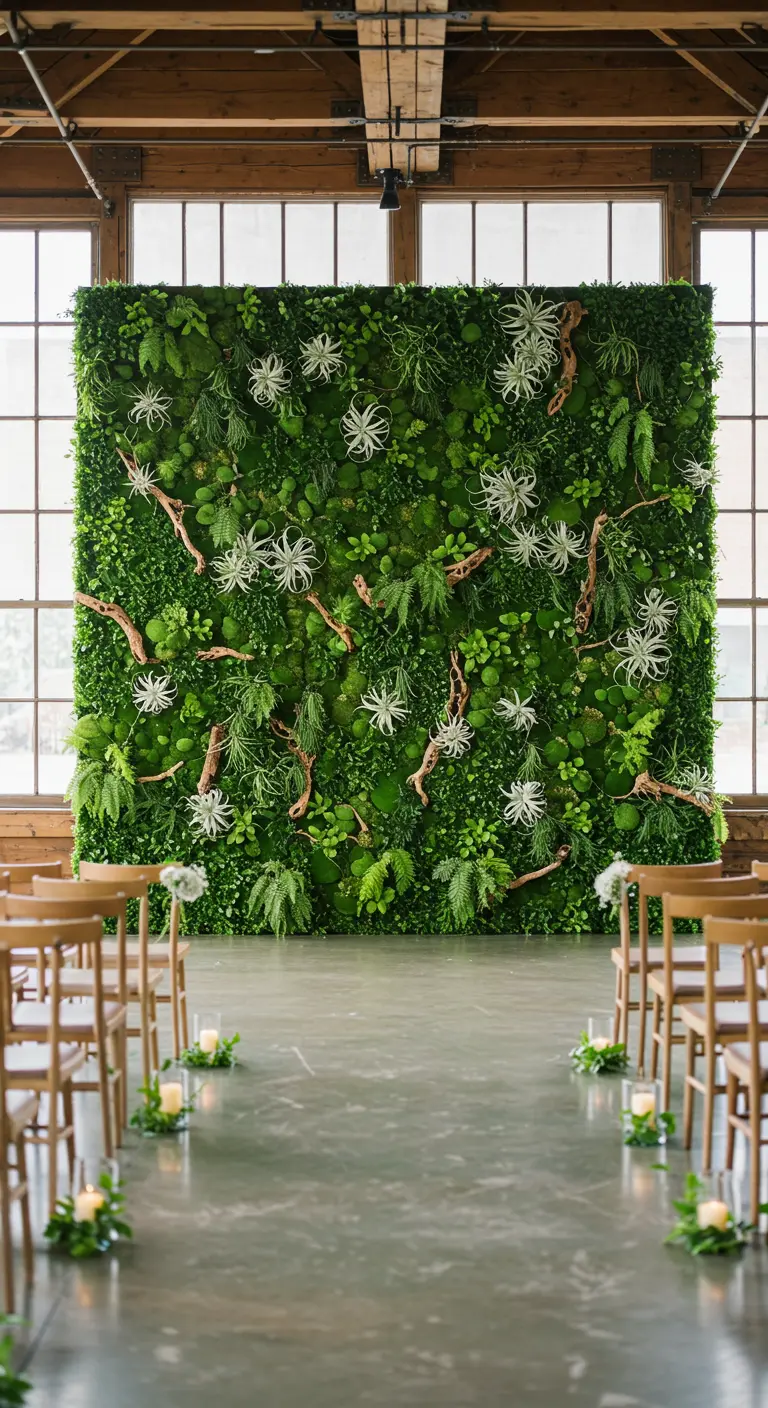 Grote, vierkante levende muur met diverse soorten groen dient als ceremonie-achtergrond.