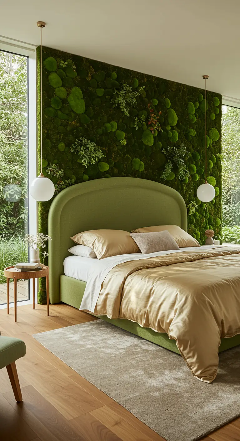 Slaapkamer met een levende moswand als achtergrond, een groen bed en goudkleurig satijnen beddengoed.