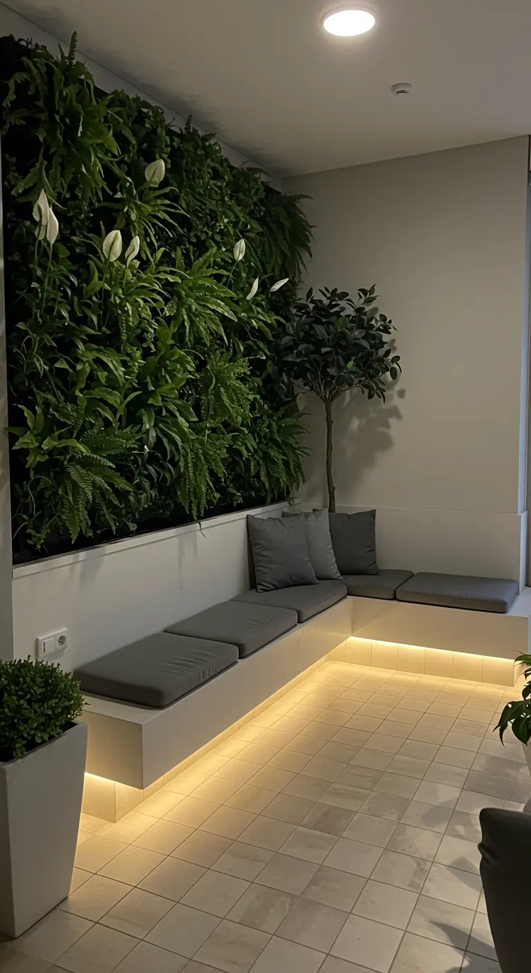 Strakke zithoek met een verticale plantenwand en sfeervolle LED-verlichting.