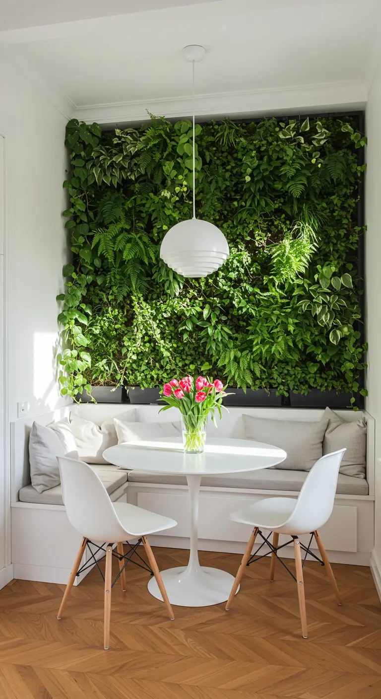 Kleine eethoek met een ronde witte tafel, een ingebouwde bank en een volledige plantenwand.