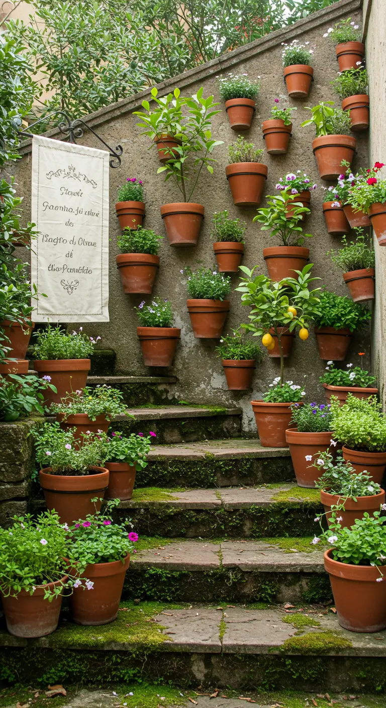 Stenen buitentrap vol met terracotta potten met planten en bloemen