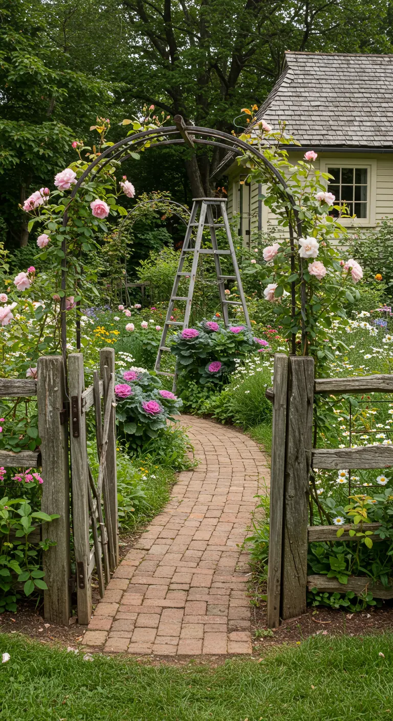 Een volledige muur bedekt met een mix van rode, roze, gele en witte klimrozen.