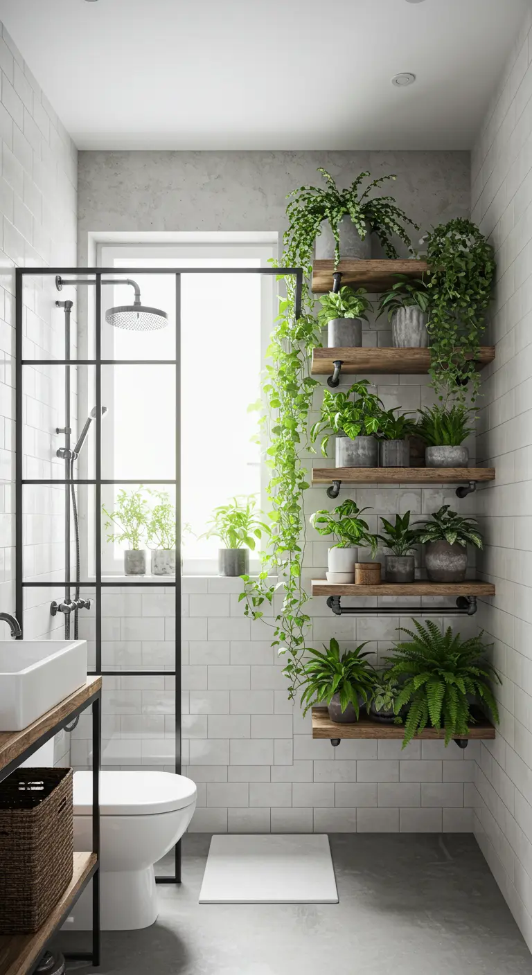 Witte badkamer met een stalen douchewand en een muur vol planken met groene planten.