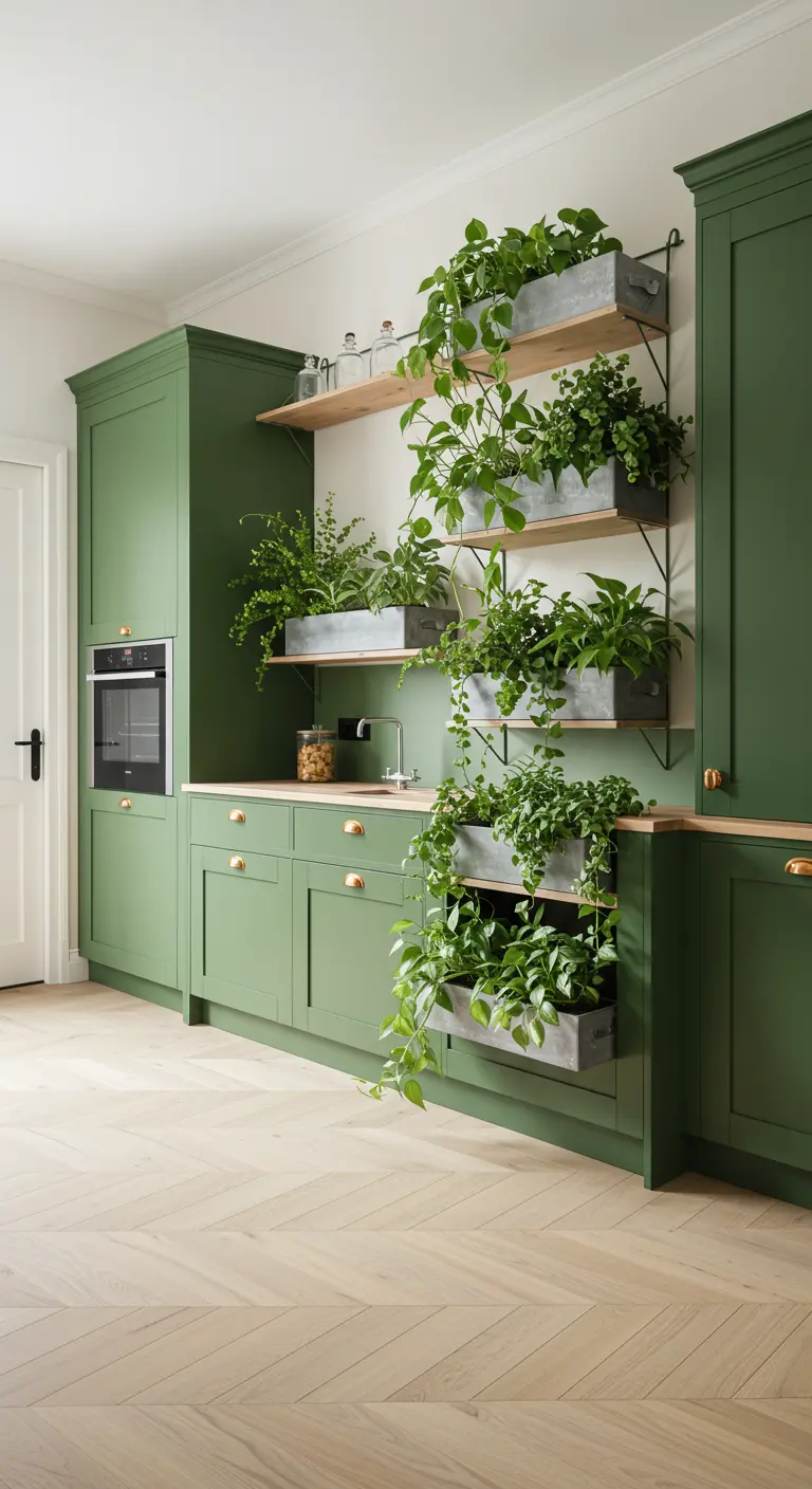 Saliegroene keuken met een 'levende muur' van planten op open planken.