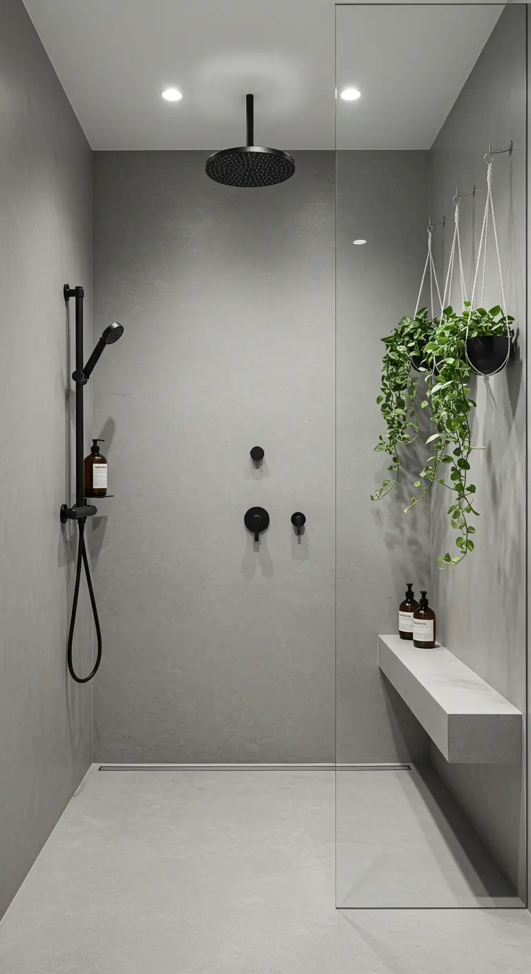 Grijze betonciré inloopdouche met een zwevend bankje en hangplanten aan de muur.