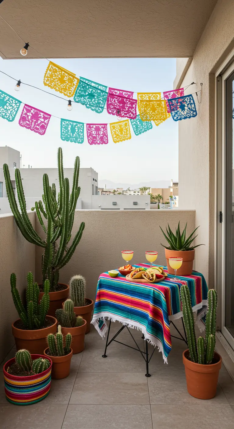 Balkon met een Mexicaans thema, kleurrijke slingers, cactussen en een gestreept tafelkleed.