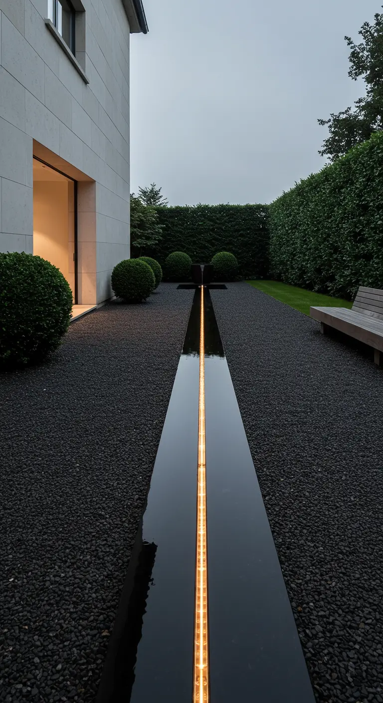 Minimalistische tuin met donker grind en een reflecterende goot met ledverlichting.