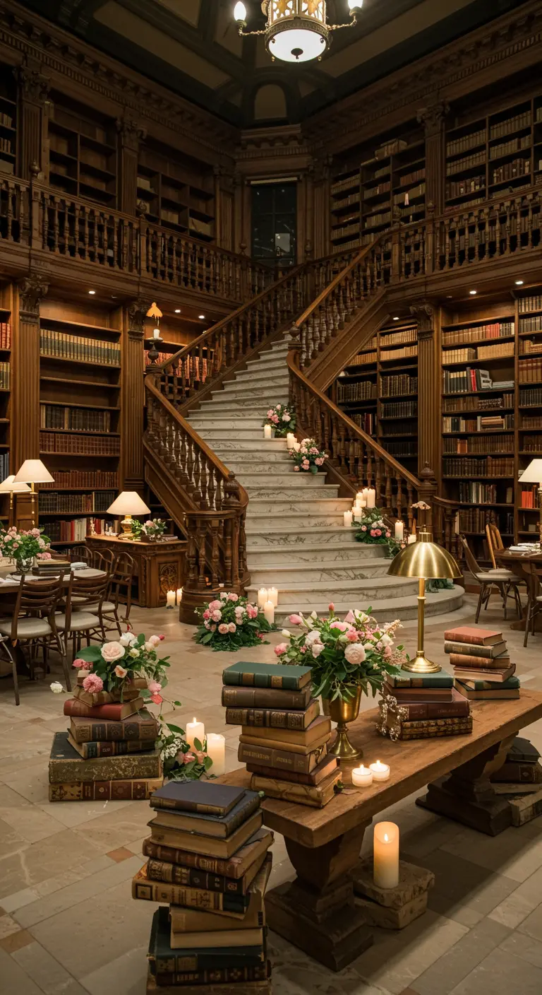 Romantische bruiloftsreceptie in een klassieke bibliotheek, met boeken als onderdeel van de decoratie.