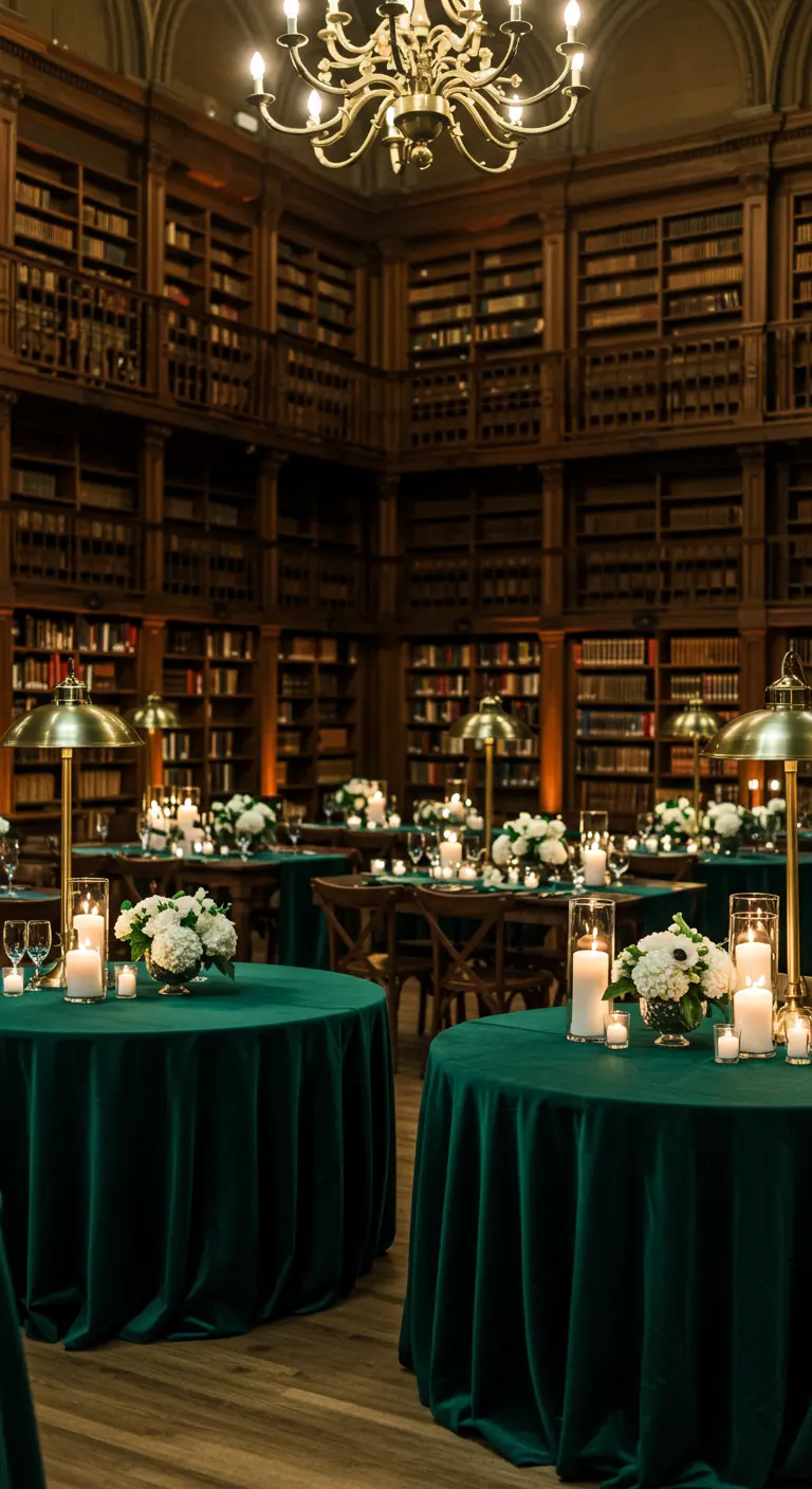 Receptie in een bibliotheek met hoge boekenkasten en ronde tafels met groen fluweel.