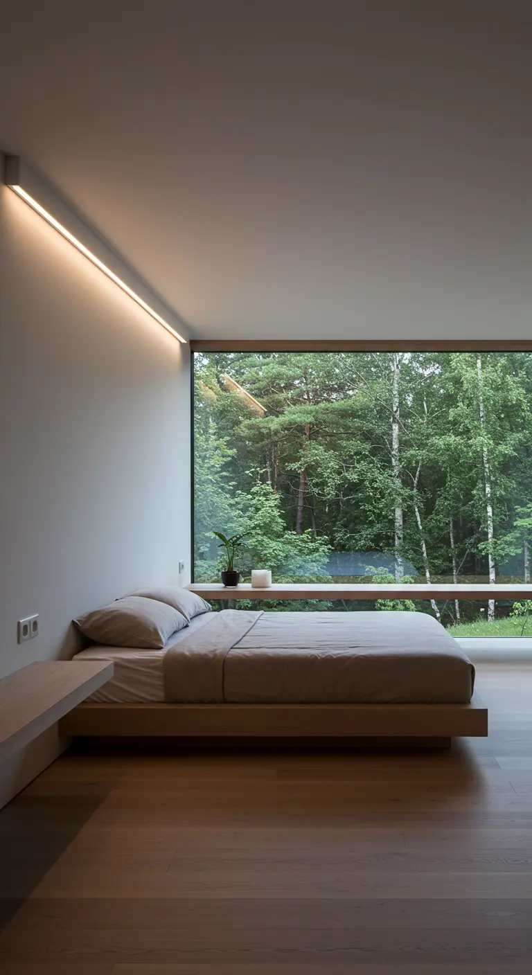 Minimalistische slaapkamer met een groot raam dat uitkijkt op een bos en een lange LED-strip als verlichting.