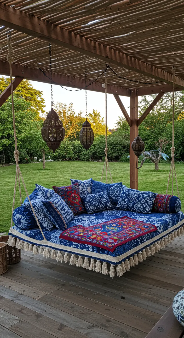 Groot hangend daybed met blauwe kussens en patronen onder een pergola.