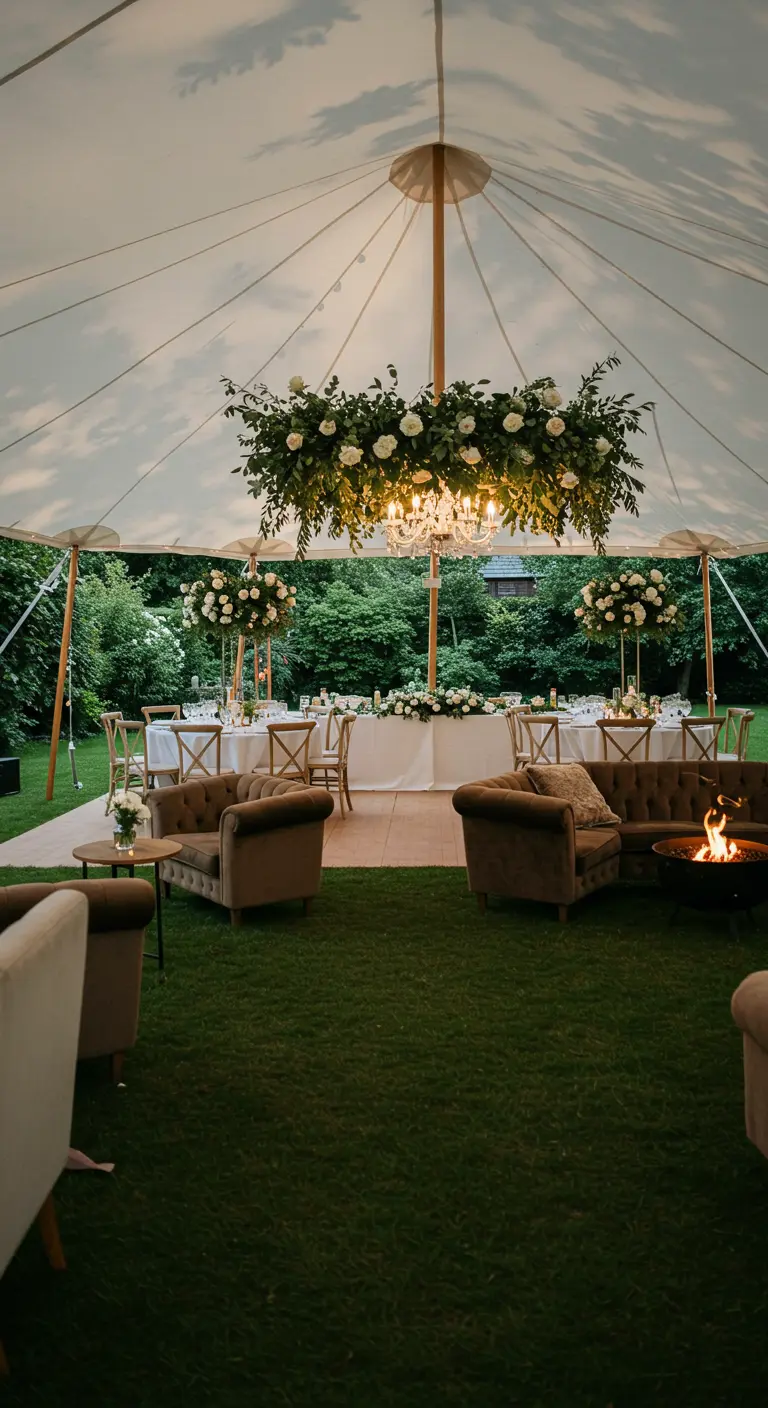 Luxe loungehoek in een tent met fluwelen banken, een vuurschaal en een hangende bloemeninstallatie.
