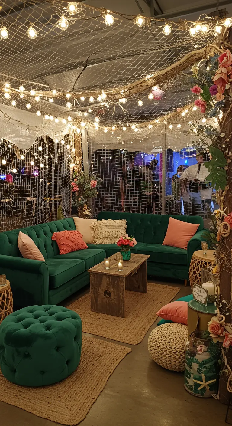 Loungehoek met een donkergroene fluwelen bank, koraalrode kussens en een visnet met lichtjes.