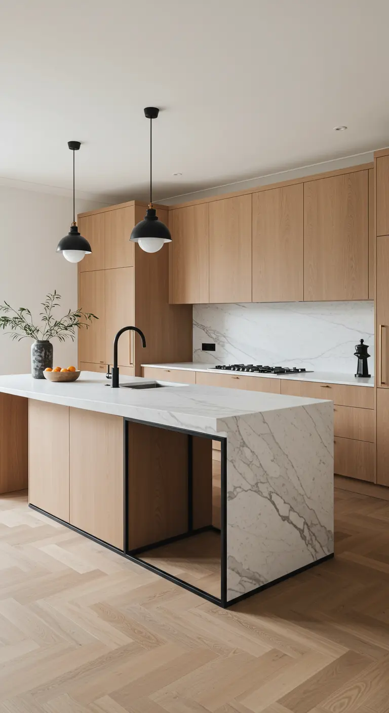 Marmeren kookeiland met watervaleffect, ondersteund door een dun, zwart metalen frame.