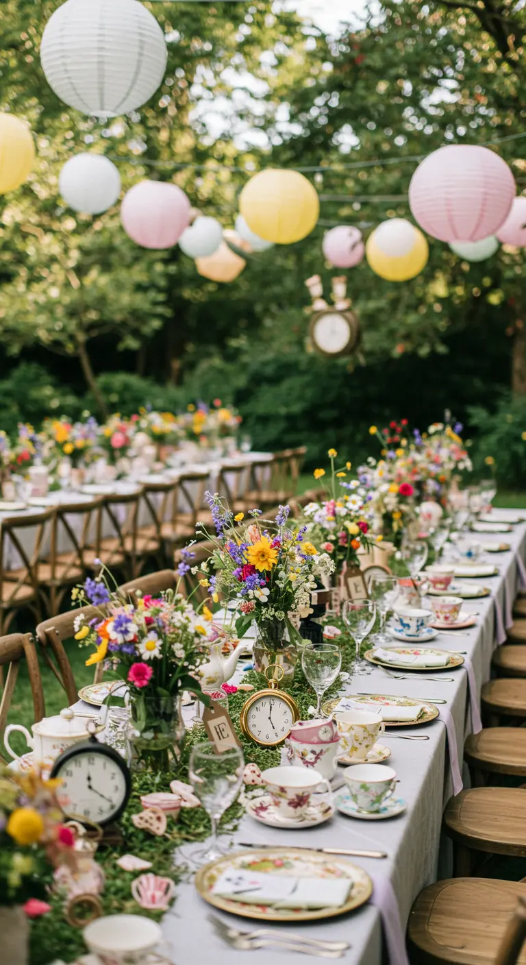 Lange tuintafel met 'Alice in Wonderland' thema: mos, klokken en vintage theekopjes.