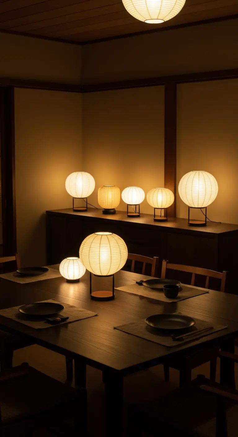 Sfeervolle eetkamer met een collectie van verschillende rijstpapieren lampen.