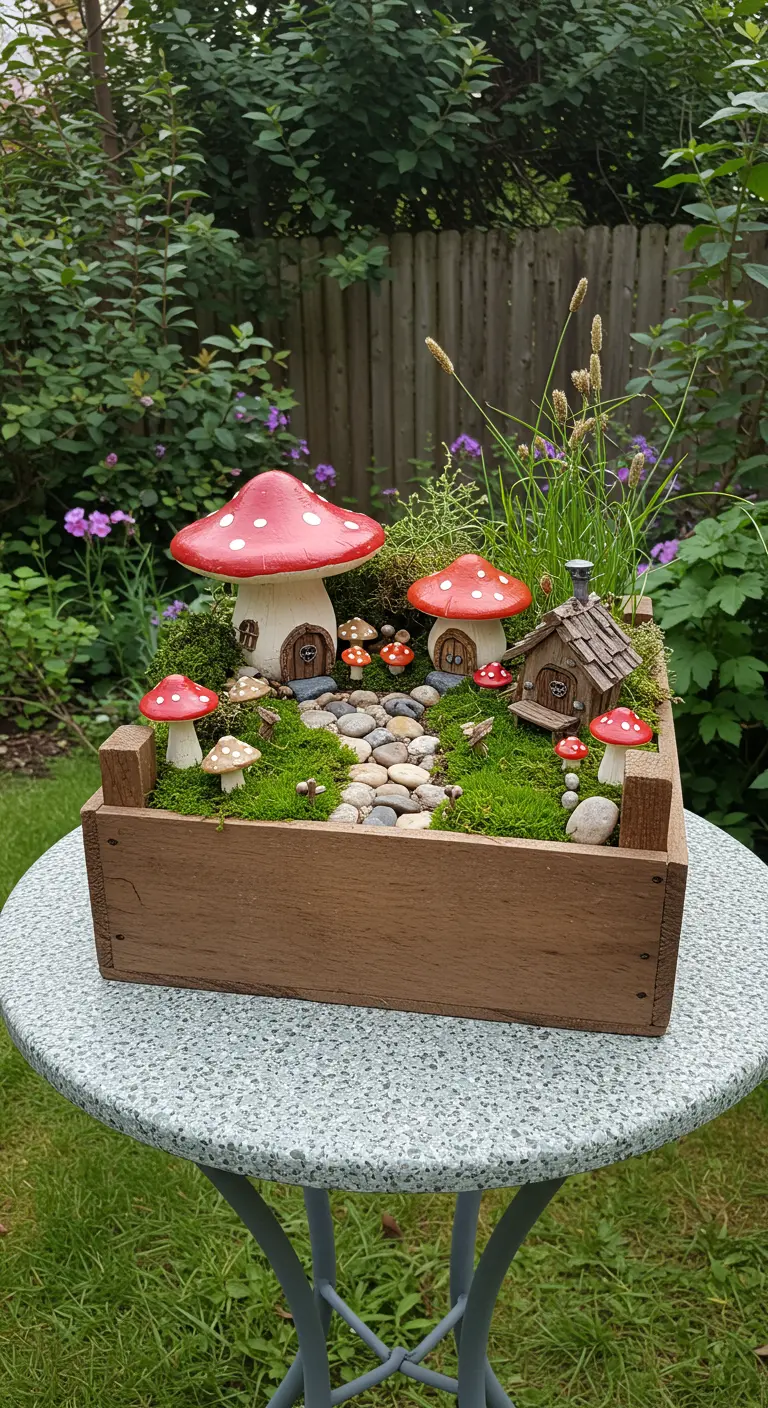 Een houten kistje gevuld met mos en miniatuur paddenstoelenhuisjes als een sprookjestuin.