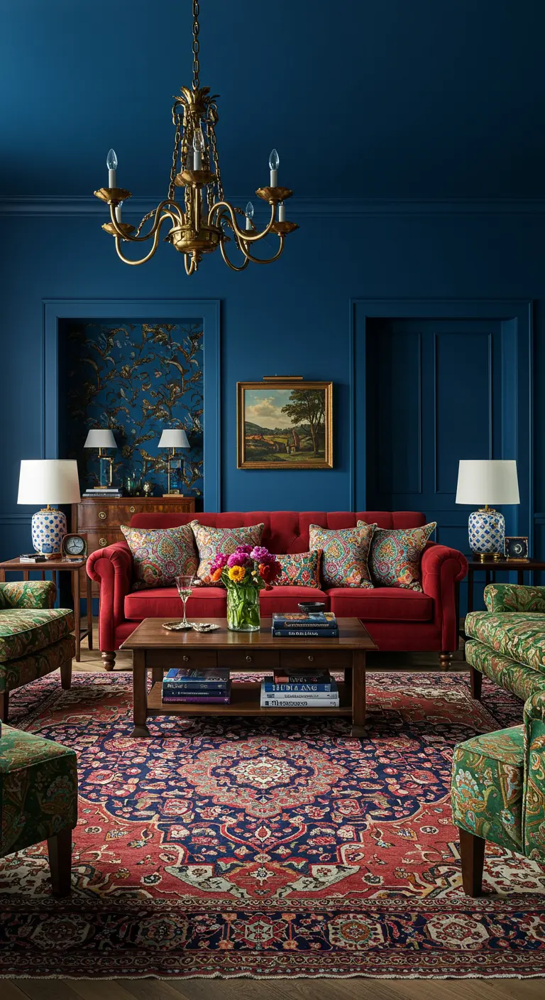 Kleurrijke woonkamer met rode bank, blauwe muren en groene bloemenstoelen.