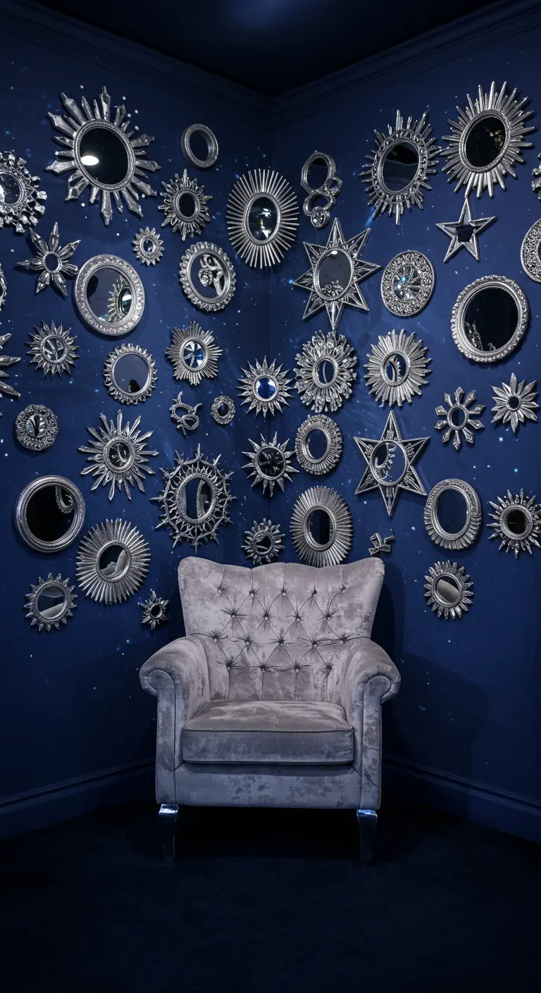 Donkerblauwe muur vol met zilveren zonnespiegels en een grijze fauteuil.