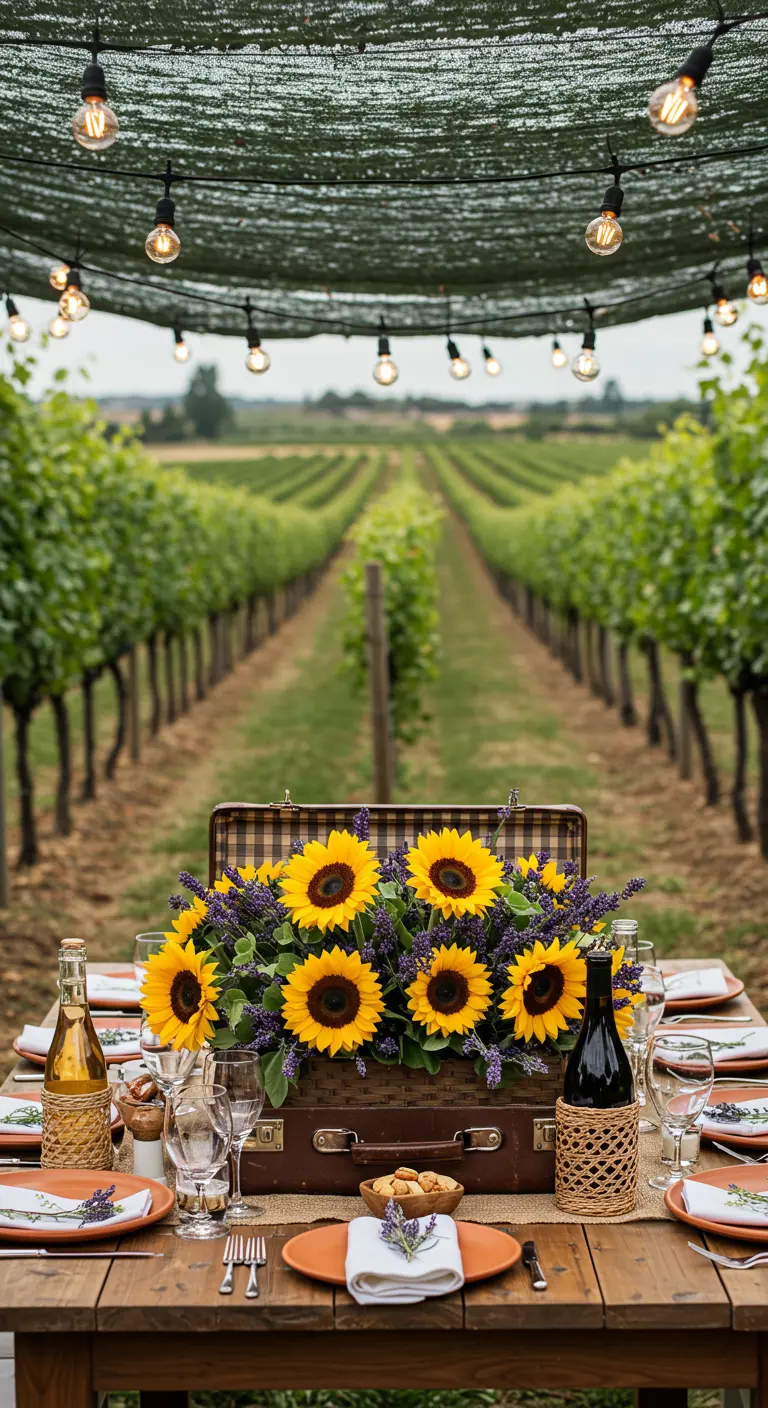 Eettafel in een wijngaard met een koffer vol zonnebloemen als centerpiece.