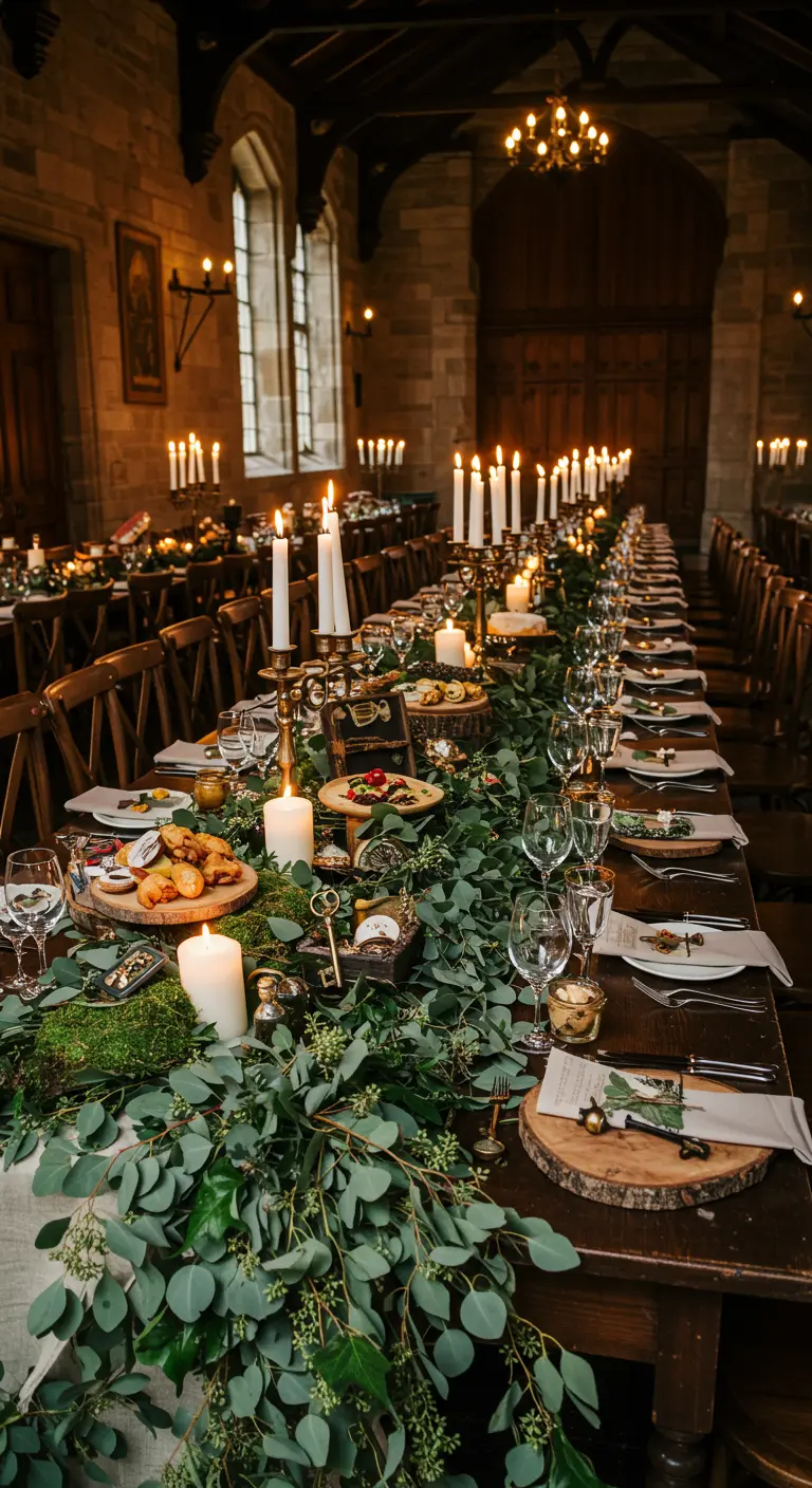 Rijk gedecoreerde kasteeltafel met eucalyptus, mos, kaarsen en kleine hapjes.