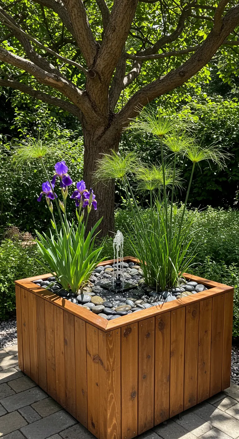 Vierkante houten plantenbak omgetoverd tot een mini-vijver met een fontein en waterplanten.