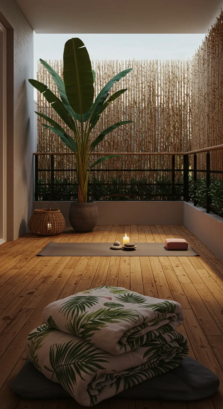 Balkon ingericht als yogaplek met een mat, kaars en een bananenplant tegen een bamboewand.