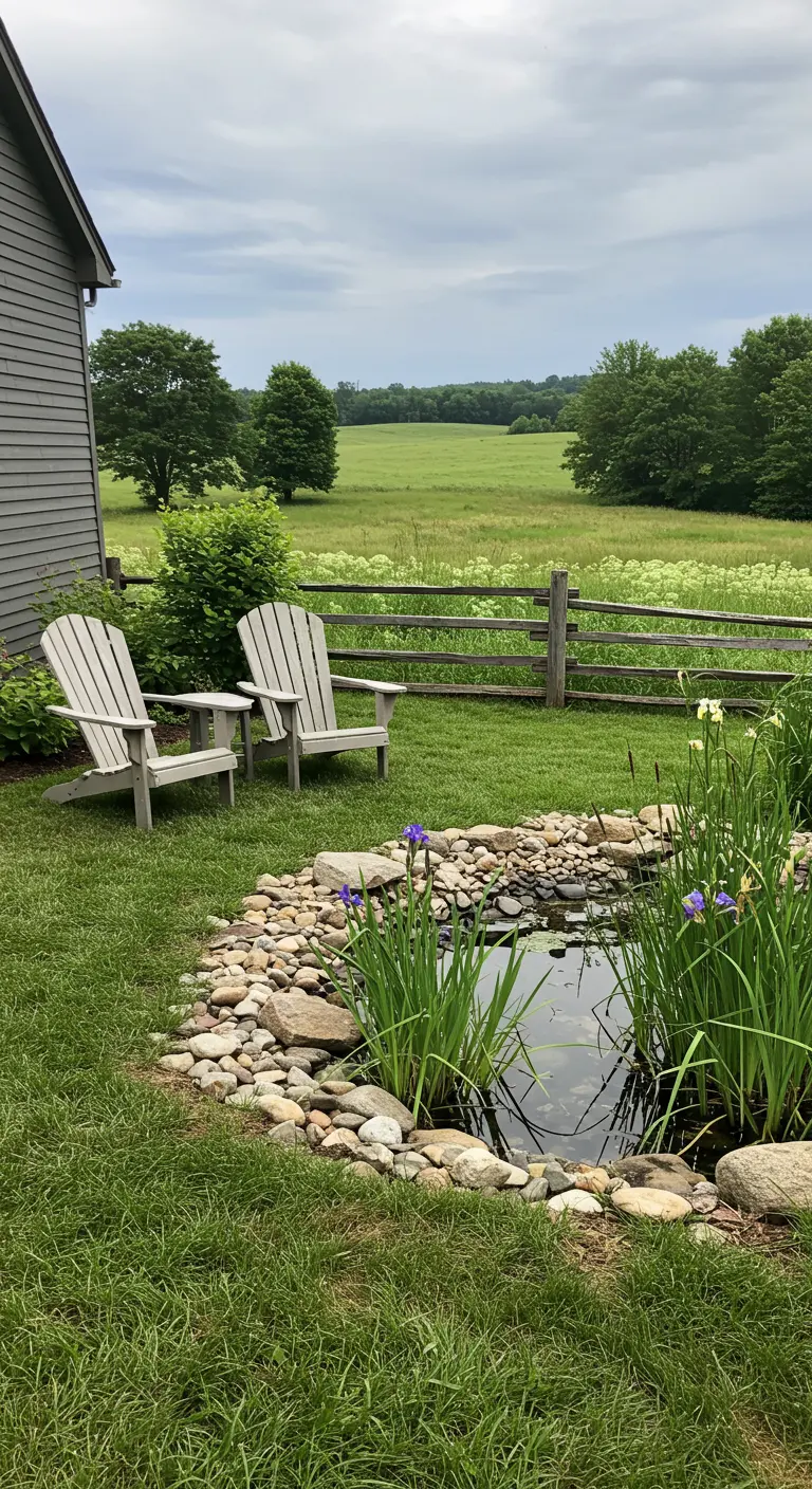 Kleine, natuurlijke vijver met keien en waterplanten, met twee houten stoelen die uitkijken over een weiland.