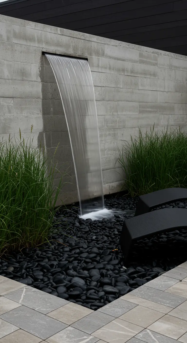 Moderne waterval uit een betonnen muur die in een bed van zwarte keien stroomt.
