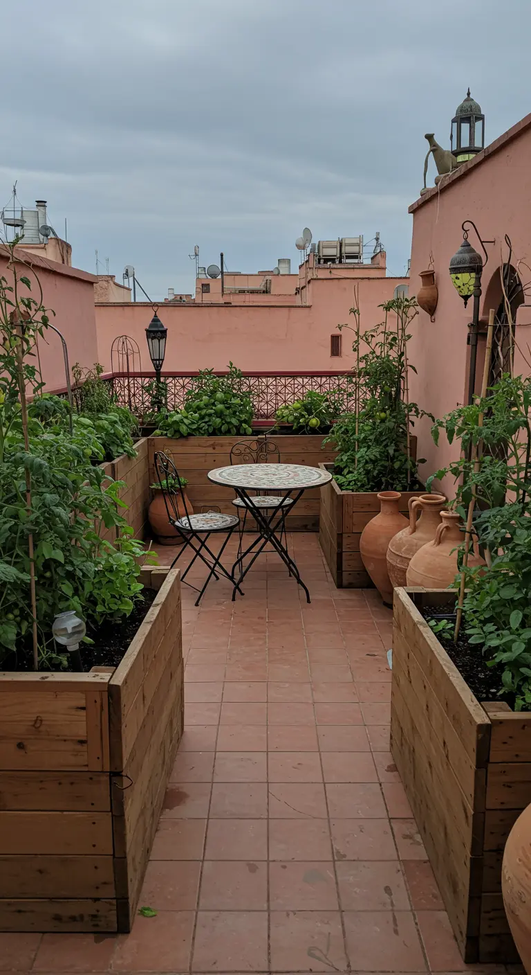 Dakterras in Marokkaanse stijl met houten moestuinbakken vol tomatenplanten.