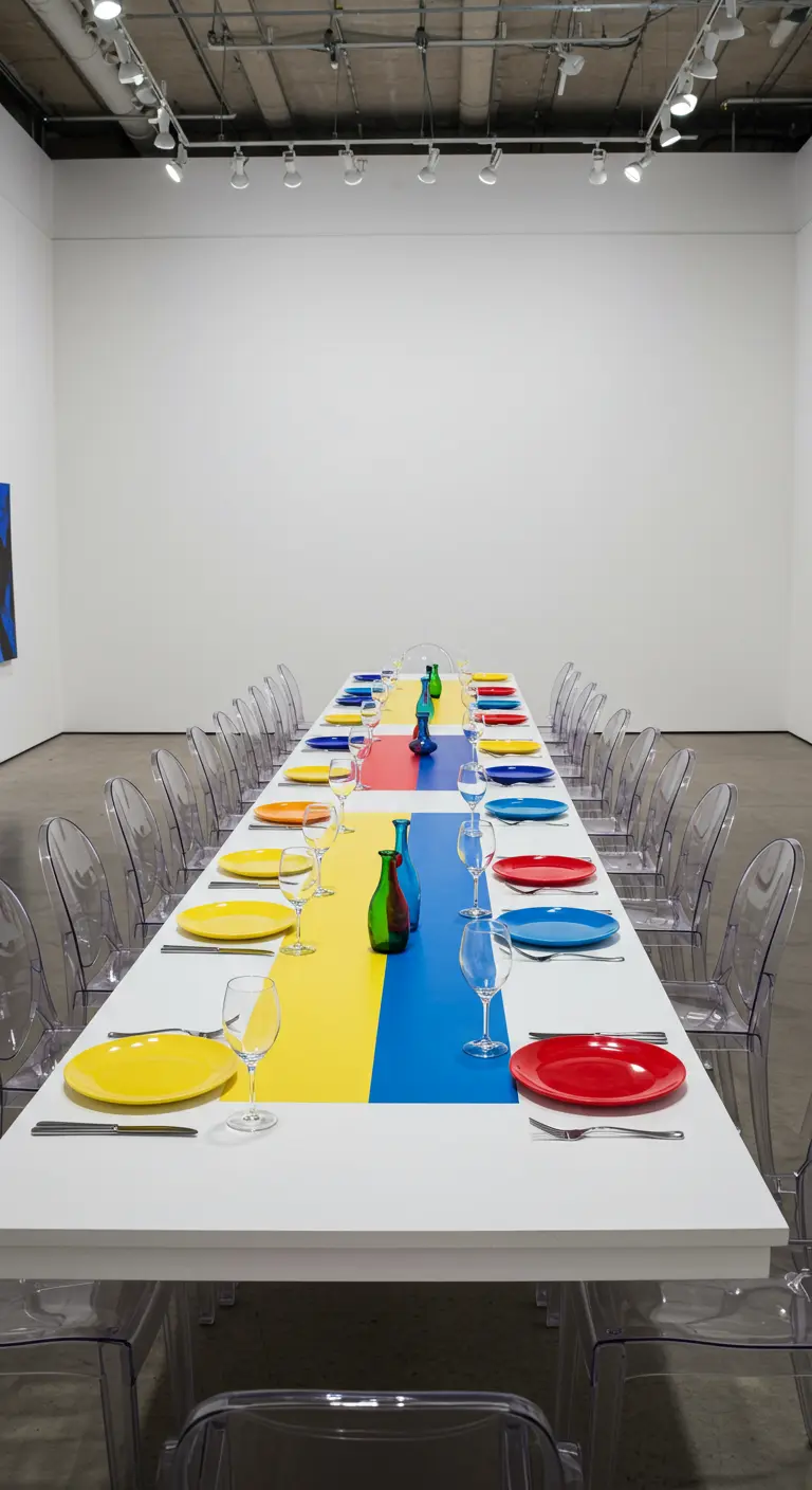 Witte, lange tafel in een galerie met een loper in primaire kleurvlakken.