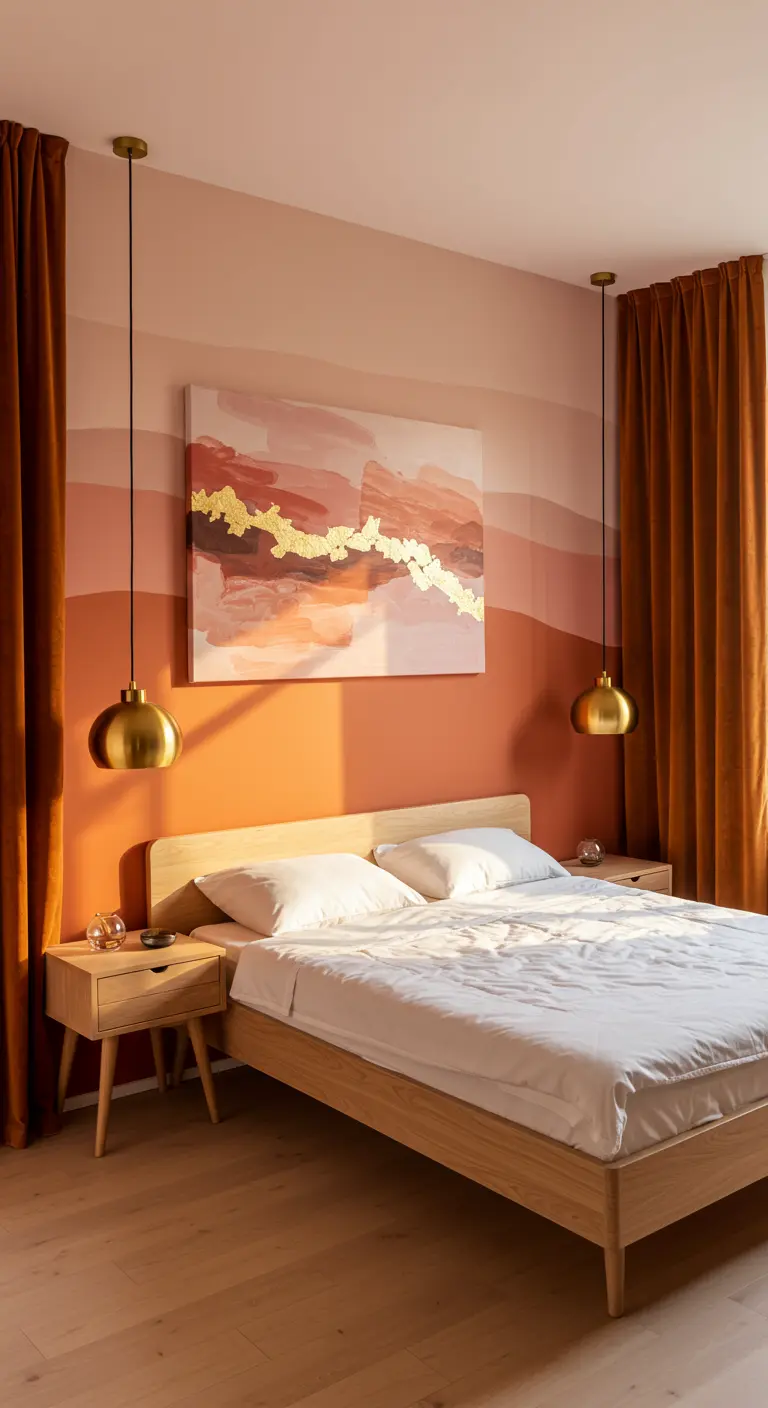 Slaapkamer met terracotta kleurverloop op de muur en oranje fluwelen gordijnen.