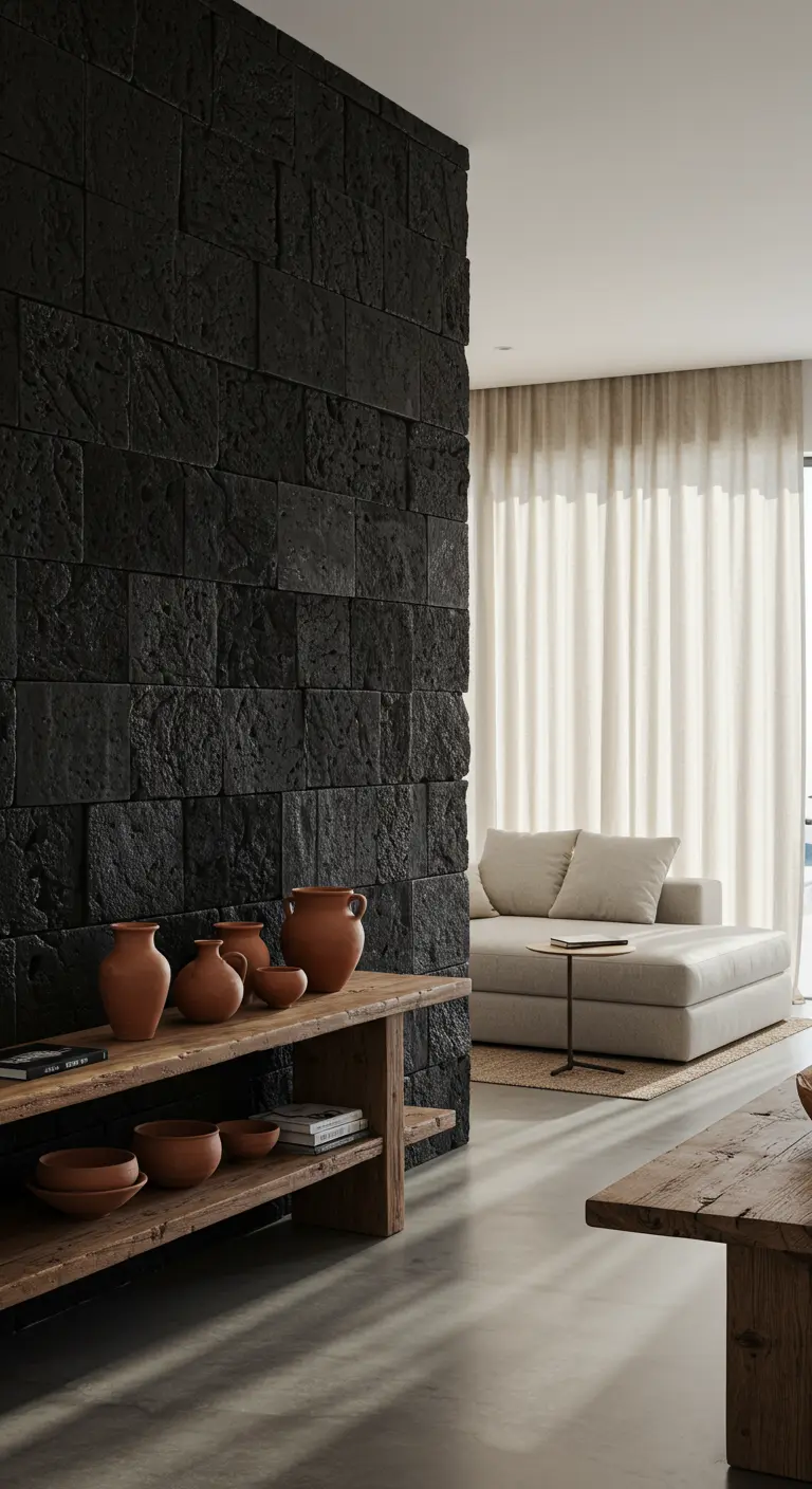 Zwarte lavasteenmuur met een houten bankje en aardewerken potten.