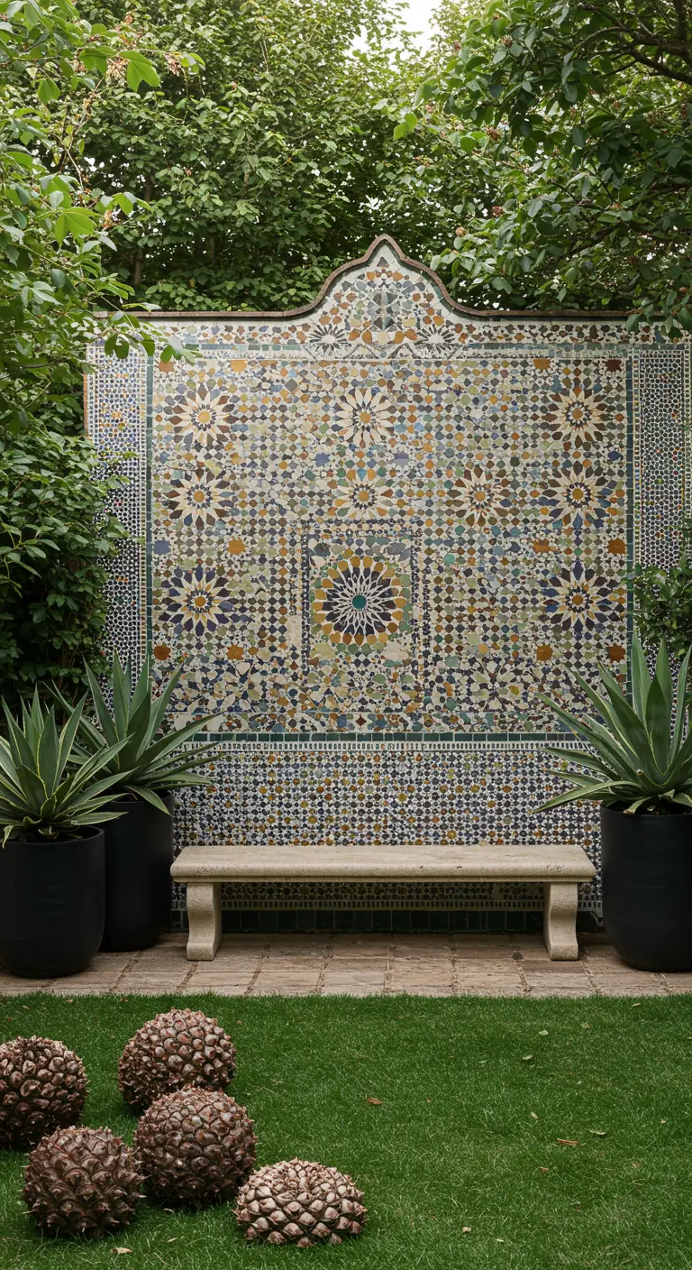 Een grote tuinmuur volledig bedekt met een complex patroon van Marokkaanse mozaïektegels.