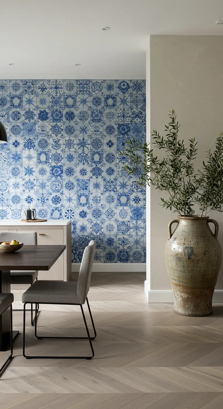 Eethoek met een accentmuur van blauw-witte Portugese tegels en een grote pot met olijfboom.