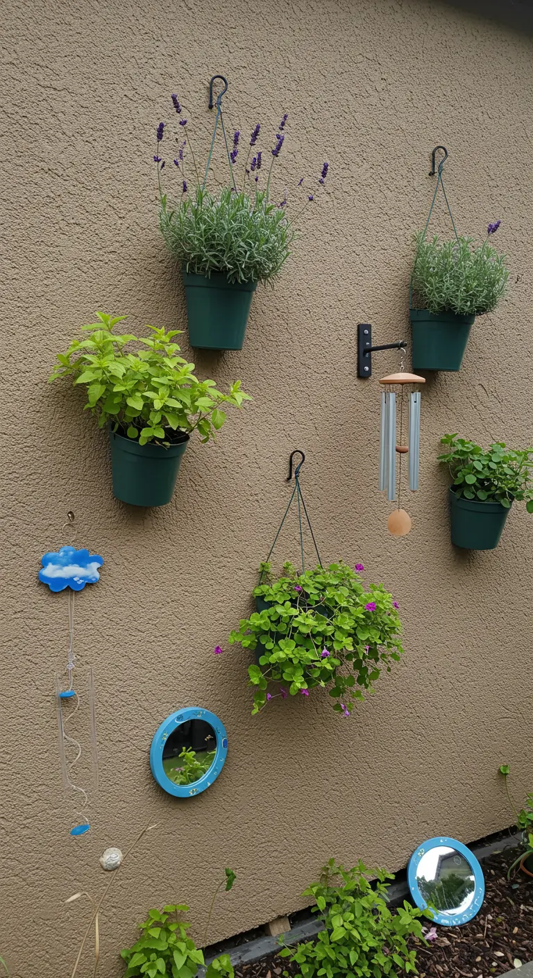 Muur met hangplanten, kleine ronde spiegels en windgongen van hout en metaal.
