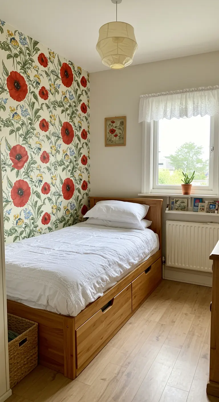 Enkele slaapkamer met opvallende rode klaproos accentmuur, houten bed met opberglades.
