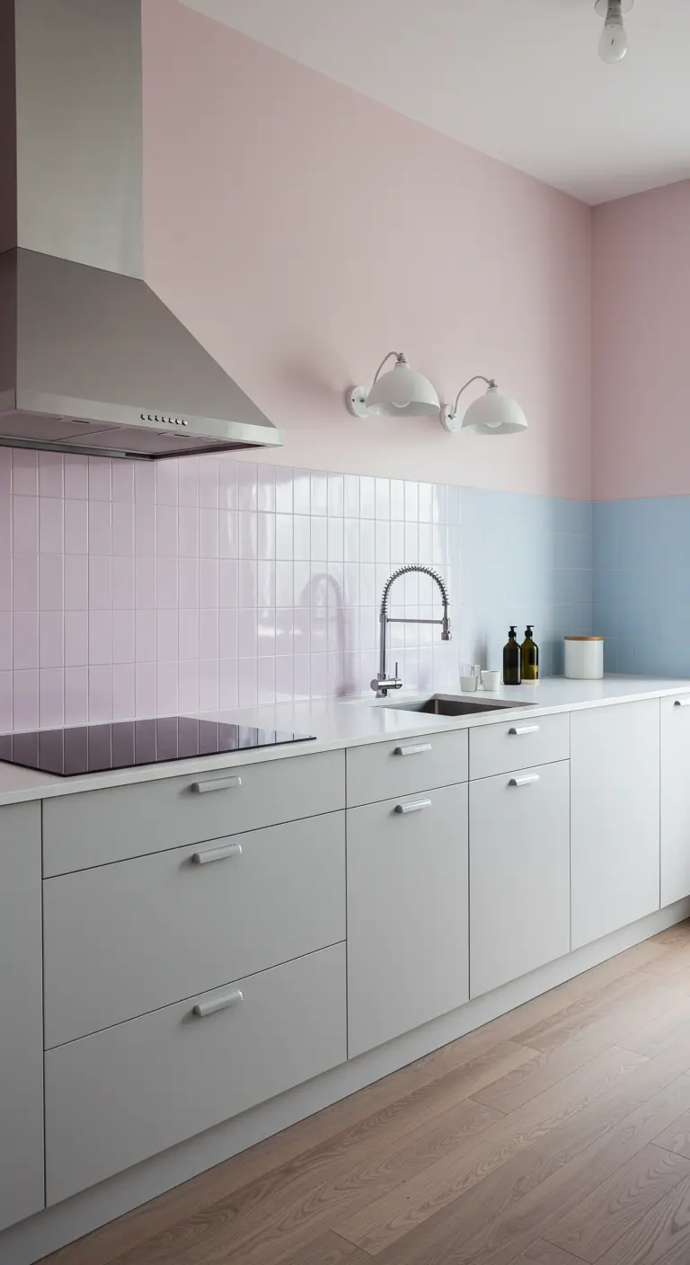 Grijze keuken met een achterwand die half pastelroze en half pastelblauw is geschilderd.