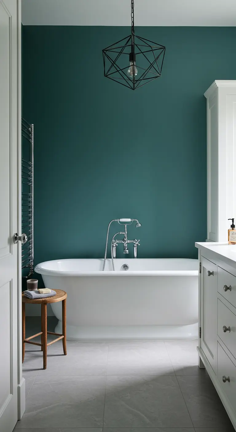 Badkamer met een diep groenblauwe accentmuur achter een wit vrijstaand bad.
