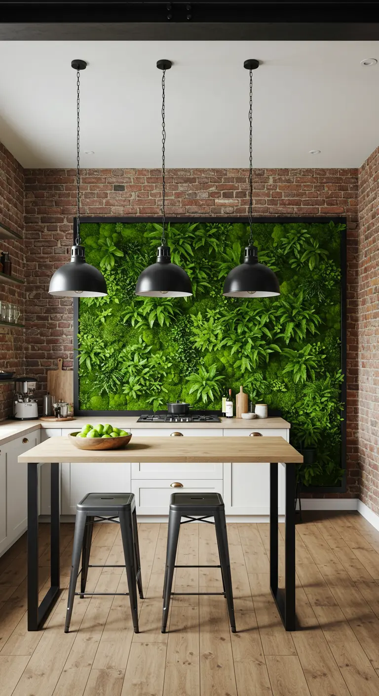 Loftkeuken met een grote groene plantenwand als achterwand.