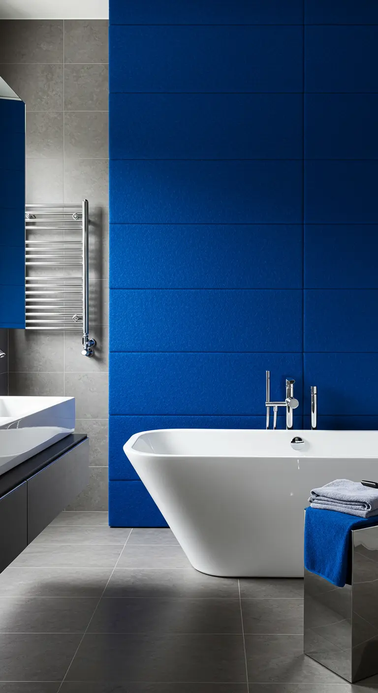 Moderne badkamer met grijze tegels en een grote, kobaltblauwe gestoffeerde wand achter het bad.