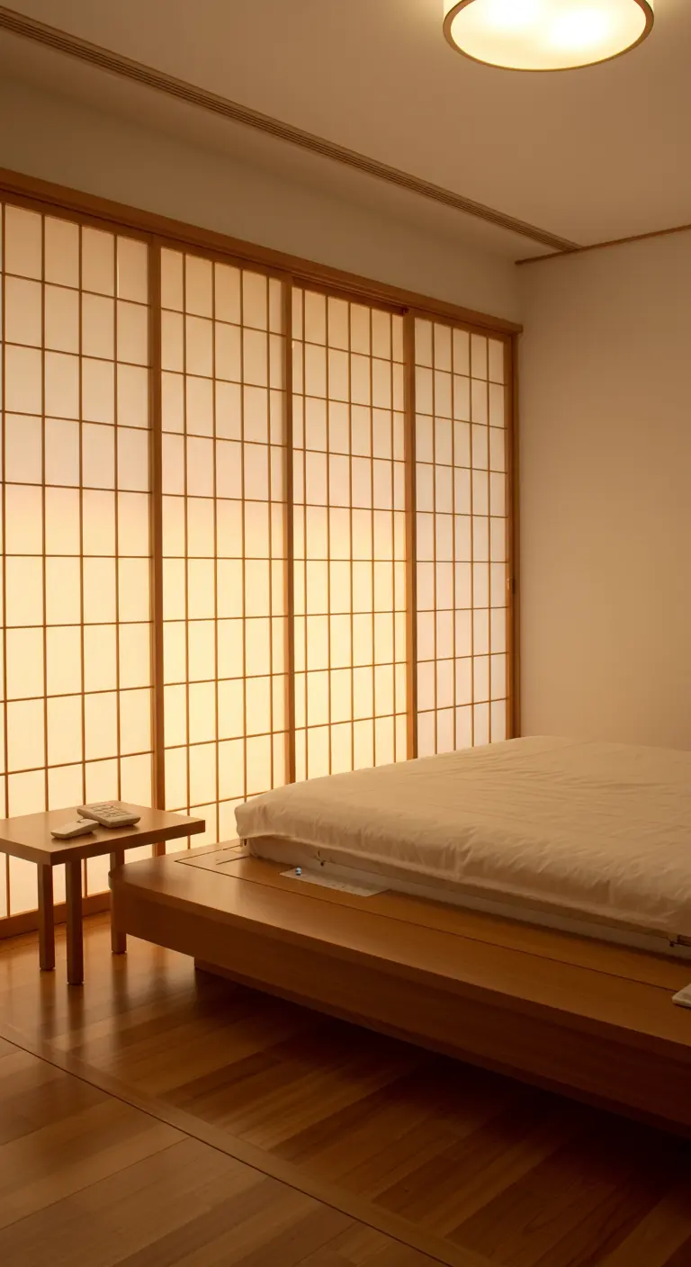 Slaapkamer waar een hele wand van verlichte shoji-panelen een warme gloed verspreidt over een laag houten bed.