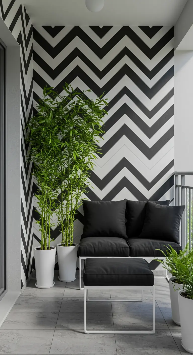 Balkon met een opvallende zwart-wit chevron muur, een zwarte bank en bamboeplanten.