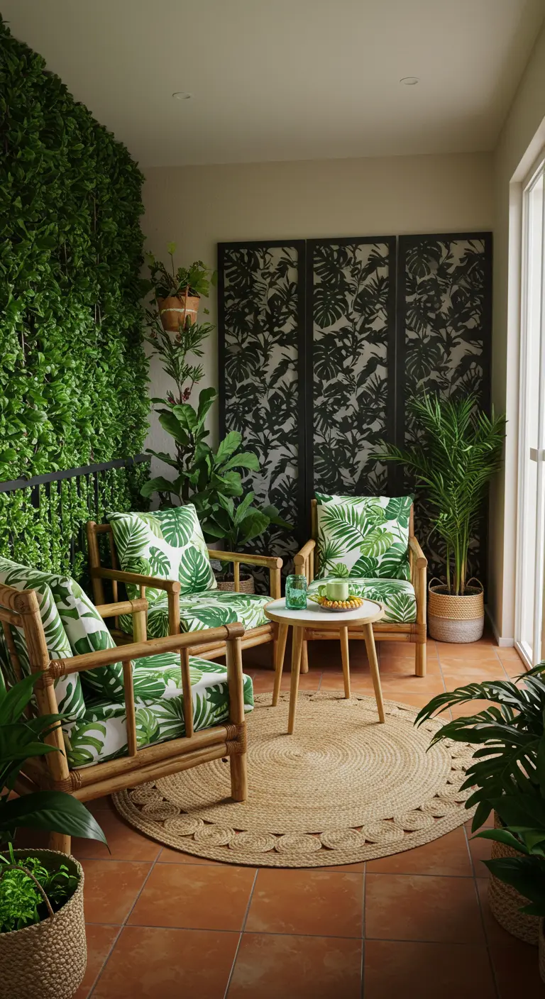 Balkon met verticale groene plantenwand en bamboe stoelen met kussens met bladprint.