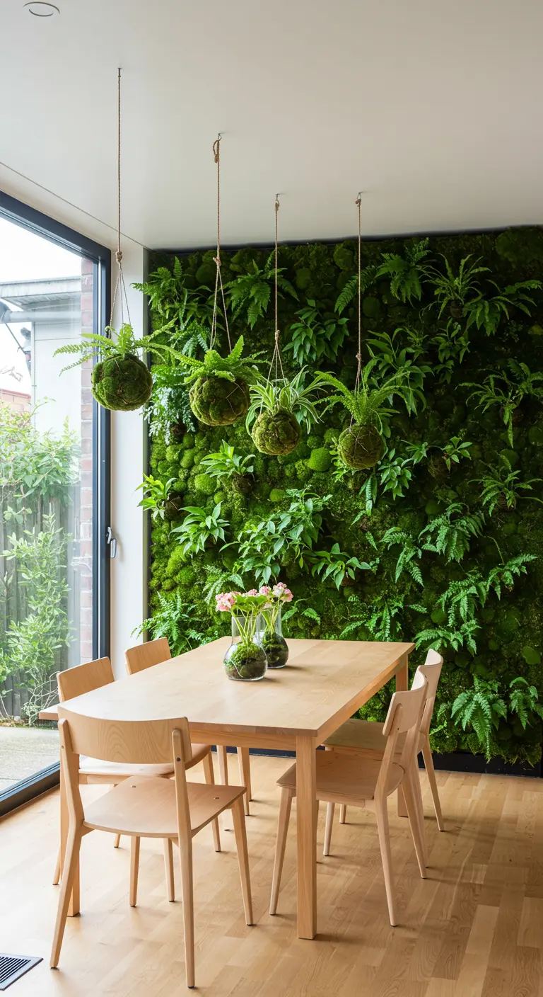 Eetkamer met een grote groene plantenwand en hangende kokedama's.