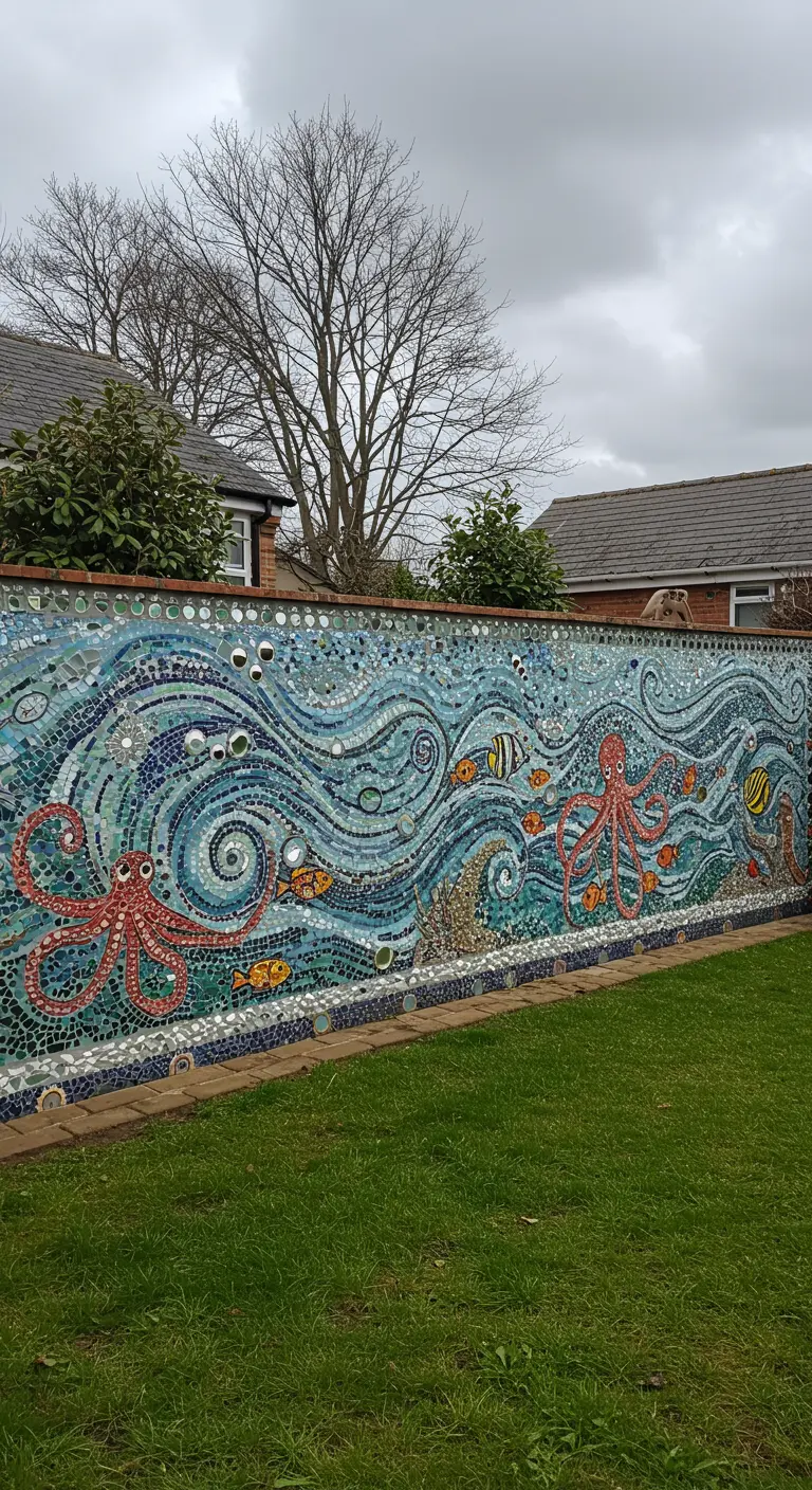 Lange tuinmuur volledig bedekt met een mozaïek van een onderwaterscène met golven en octopussen.