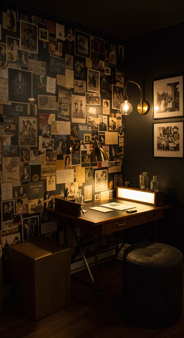 Donkere werkkamer met een muur die volledig is beplakt met vintage foto's en brieven.