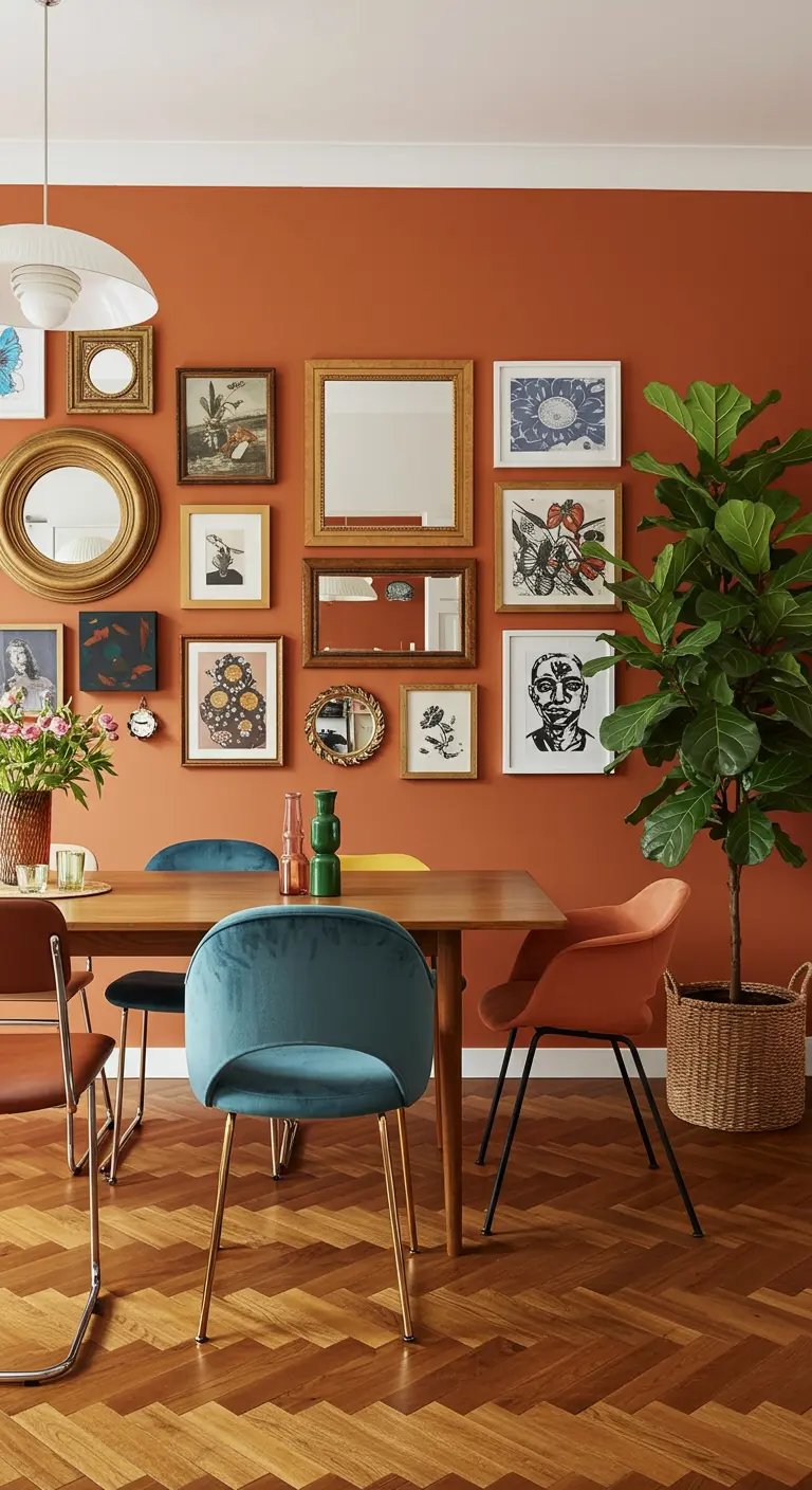 Eclectische eetkamer met een terracotta muur vol met kaders en spiegels.